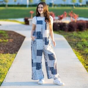 Boho Black White Patchwork Oversized Overall Jumpsuit with Pockets